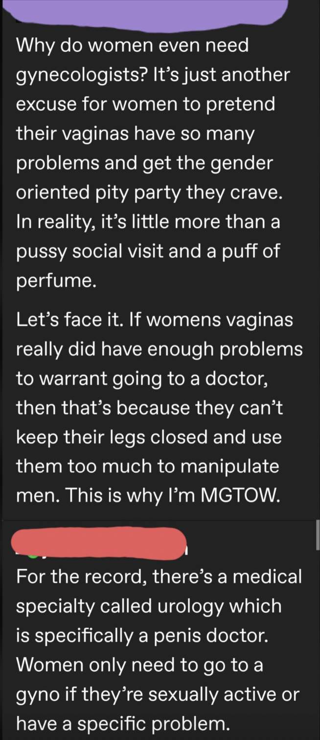 screenshot - Why do women even need gynecologists? It's just another excuse for women to pretend their vaginas have so many problems and get the gender oriented pity party they crave. In reality, it's little more than a pussy social visit and a puff of pe